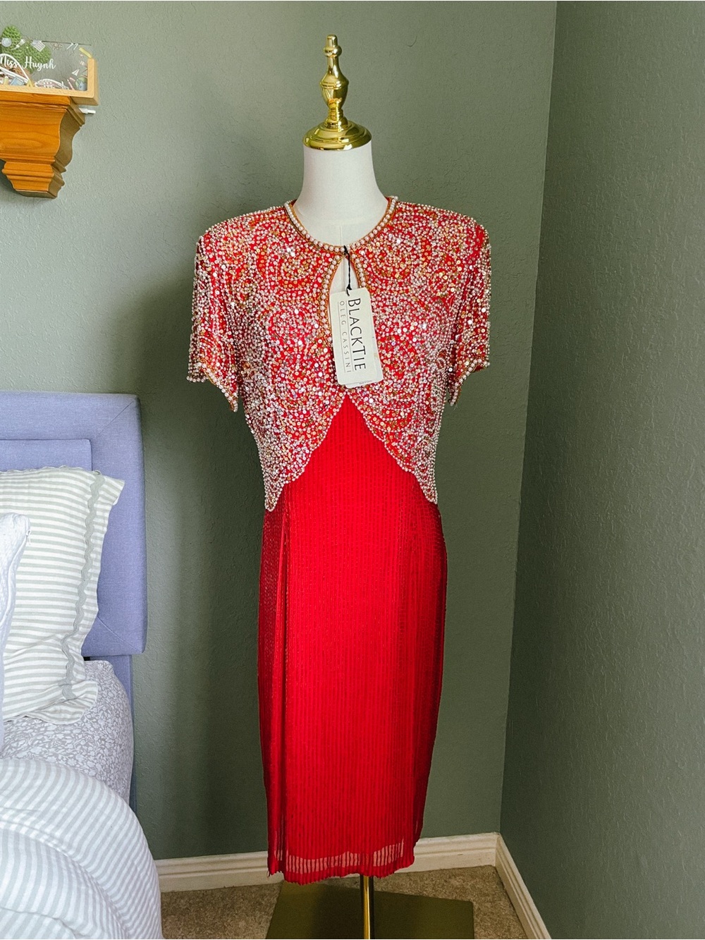 New Oleg Cassini Black Tie Vintage Red Beaded Evening Gown Dress Glam Size 10